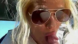 streetwalker in sunglasses gives blowjob and takes facial