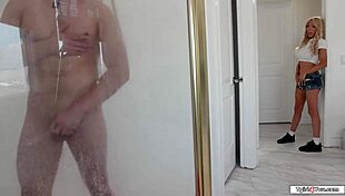 My friends busty shemale stepsis joins me in shower