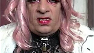 Crossdresser in unique outfit awaits