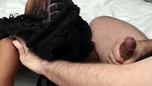 Ebony girl sucks dick with toy in her butt