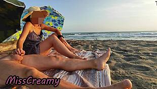 french teacher sucks huge cock on nudist beach with voyeurs watching
