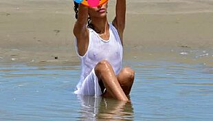 Nude model does public beach photoshoot with small tits