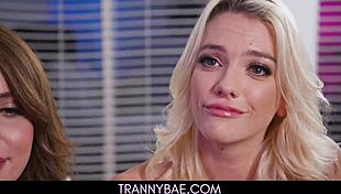 two shemales fuck sexy slut in a threesome with deepthroat and licking