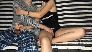 stepbrother put my hand on his dick and i handjob him but he had such skillful hands shaking orgasm