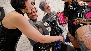 three cruel latex goddesses destroy tattooed slave with deep sounding and urethral fingering