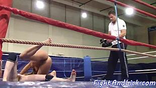 athletic european lesbians wrestle and lick each other
