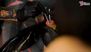 three cruel latex goddesses destroy tattooed slave with deep sounding and urethral fingering