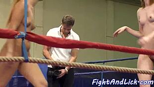 athletic european lesbians wrestle and lick each other