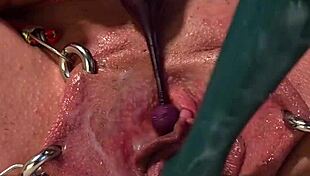 Pierced pussy reaches creampie orgasm
