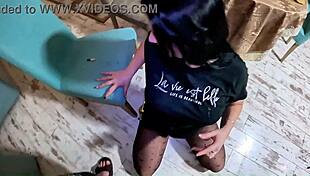 smoking milf shows pantyhose and plays with cum