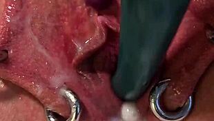 Pierced pussy reaches creampie orgasm