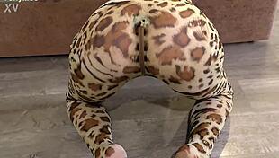 Very hot after the party a beauty in a leopard bodysuit passionately fucks and sucks a dick
